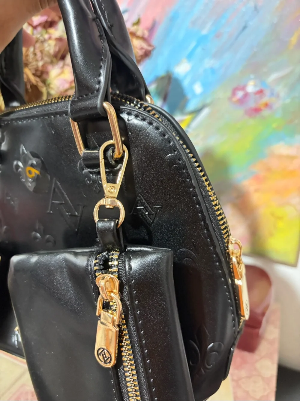 Adrienne Vittadini Black Embossed Faux Leather Dome Satchel